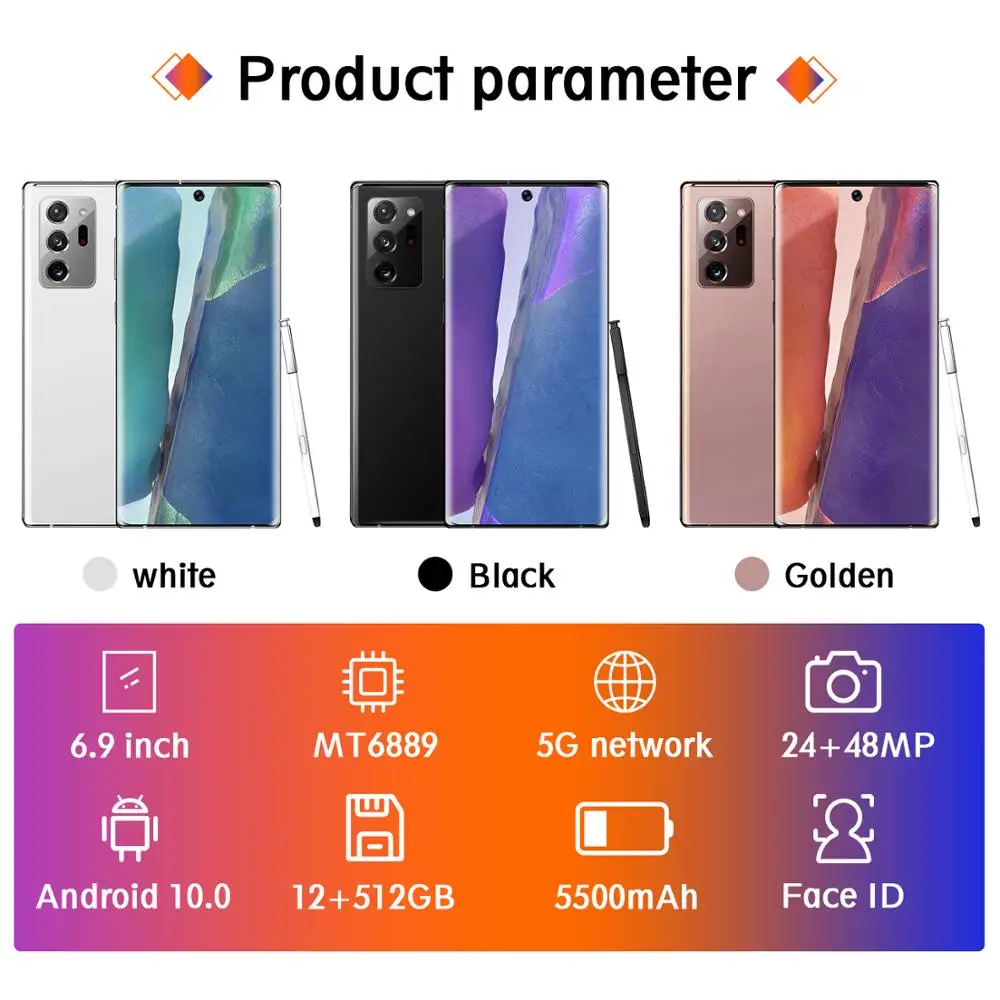 

6.9 Inch Galxy N20U Smartphone 12GB 512GB 5500mAh Snapdragon 865 Android 10.0 Cellphone 4G 5G LTE Note20 Global Version Phones