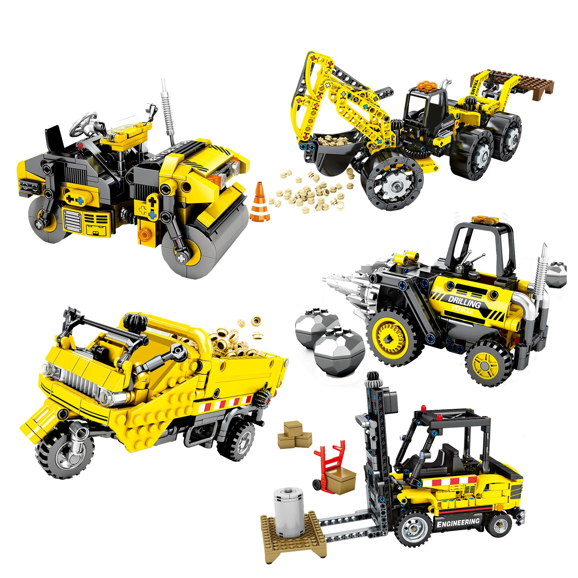 

Модель городского инженерного автомобиля, симулятор сверлильного станка, роликовый трехколесный вилочный погрузчик, Строительные кирпичи, игрушки