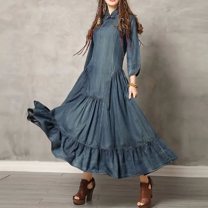

SeeBeautiful Stand Collar Three Quarter Sleeve Button Ruffles Loose A-line Denim Dress Woman Autumn 2021 New Fashion T395
