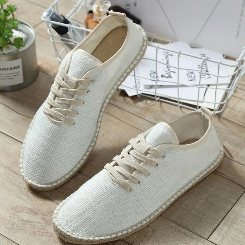 

2020 Men Canvas Shoes Breathable Men's Loafers Slip On Solid Black White Hemp Wrap Mens Shoes Espadrilles Fisherman