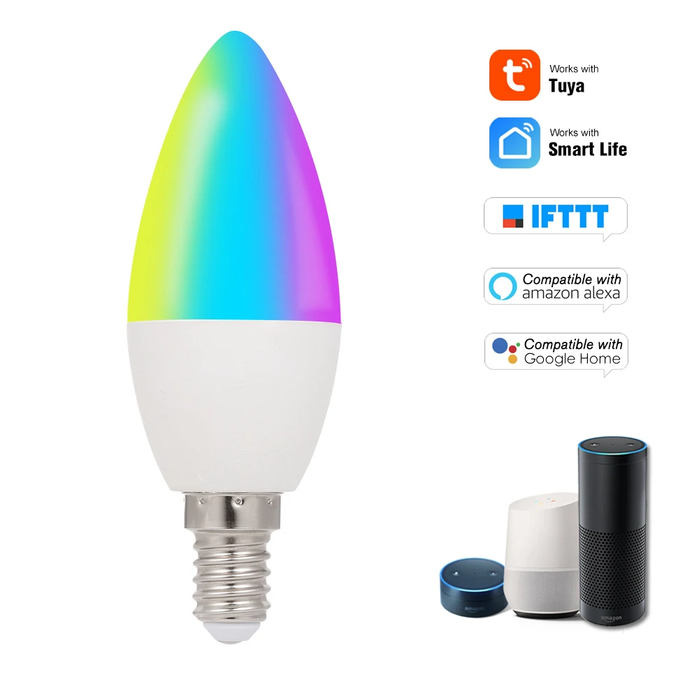 

WiFi Smart Bulb RGB+W+C LED Candle Bulb 5W E14 Dimmable Light Phone APP SmartLife/Tuya Remote Control Compatible with Alexa