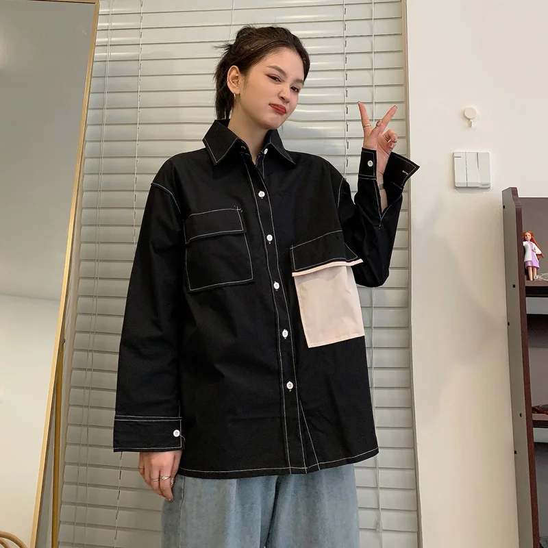 

Women Jackets Streetwear Single Breasted Baggy Panelled Design Korean Retro Spring Button Up Outerwear Students