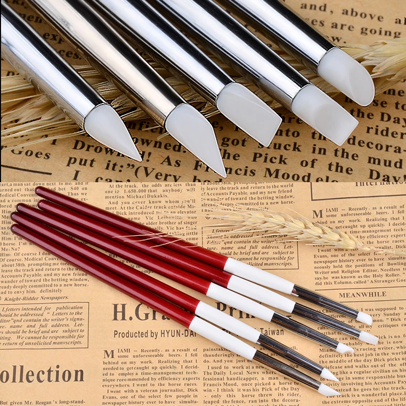 

5 Pcs/set Silicone Head Sculpture Carving Nail Brush Wood Handle Nail Drawing Painting Pen for 3D Effect Manicure Nail Art Tools