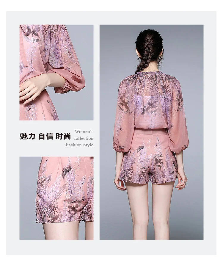 

Korea High Fashion Ladies Two Piece Set Women Half Sleeve Chiffon Blouse Women And Short Pants Summer Clothing Set Women SL263