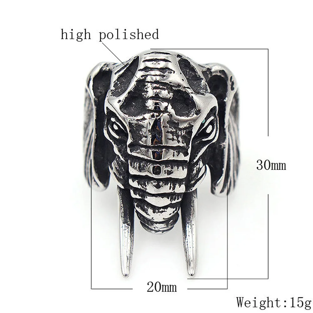 Мужское кольцо со слоном в стиле ретро из нержавеющей стали панк и байкера кольца