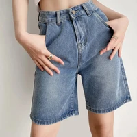 2021 new loose korean fashion y2k straight short pants blue thin new womens clothes high waist vintage denim shorts chic summer
