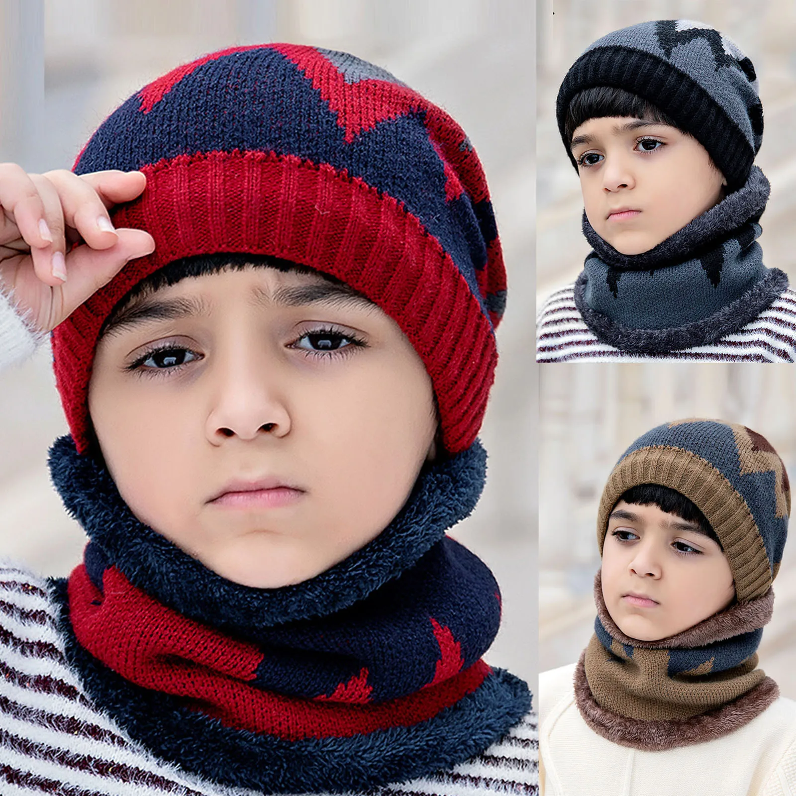 

2021 Warm Beanies Hat For Girl Ring Scarf Pompoms Winter Hats Knitted Caps Scarf 2 Pieces Fashion Winter Hat Scarf Set For child