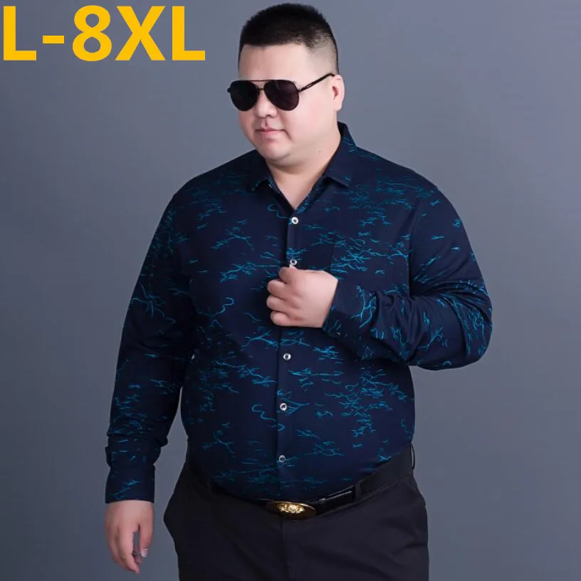 Новинка 8XL 7XL 6XL мужские рубашки с длинным рукавом цветочным принтом приталенные