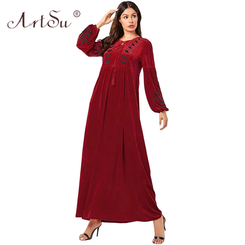 

ArtSu 2019 Women Casual Long Sleeve Tie Neck Tassel Ethnic Embroidery Maxi Dress Pleated Vestidos Winter Velvet Dress Plus Size