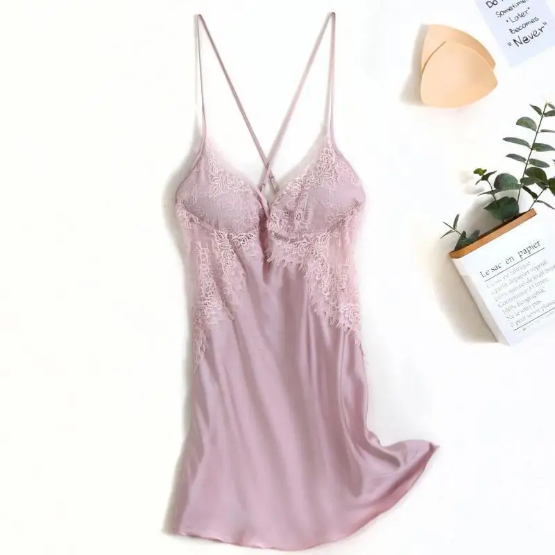 

Women Nightgown Sleewpear Hollow Out Summer Sexy Perspective Lace Suspender Nightdress Sleepwear Soft Faux Silk Satin Home Dress