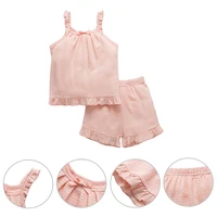 summer cotton baby girl pajamas suspende sleeveless bow solid sleep 2pcs sling top tassel shorts sleepsuit 2 9y