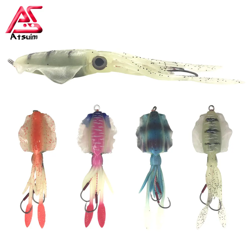 1PC 60g Fishing Squid Lure Octopus Calamar UV Luminous Squid Jigs With Hook Sea Fishing Wobble Bait For Bass Pike Soft Lure