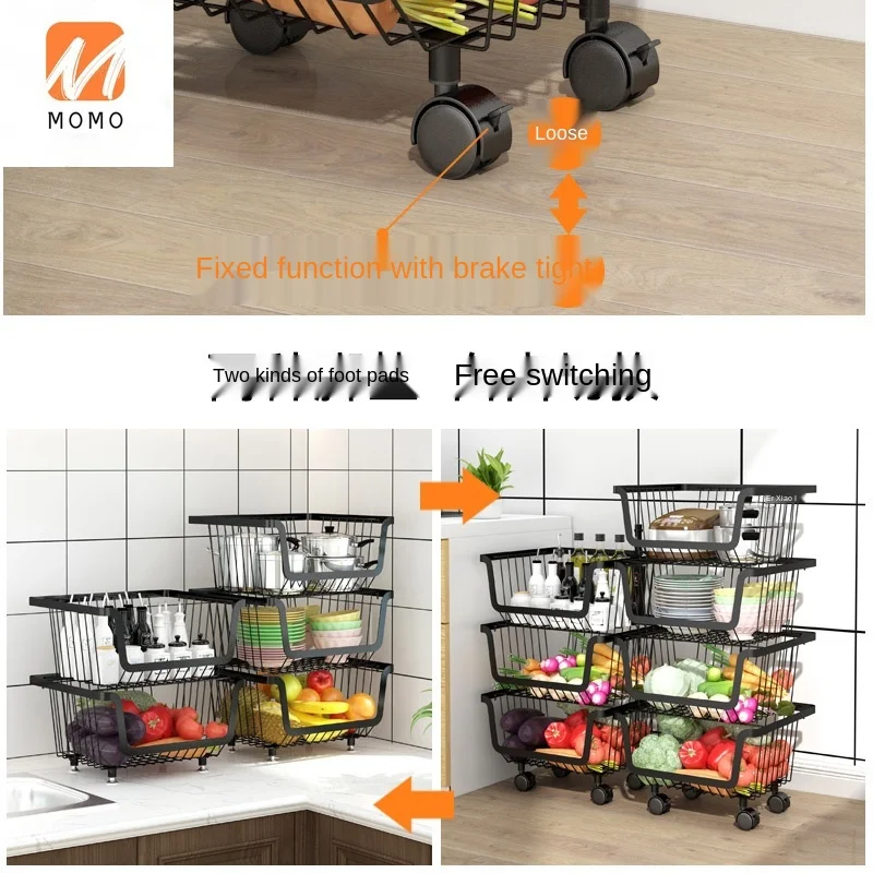 

Black Stainless Steel Kitchen Shelf Floor Multi-Layer Household Utensils Storage Storage Basket Fruit Vegetable Basket Shelf