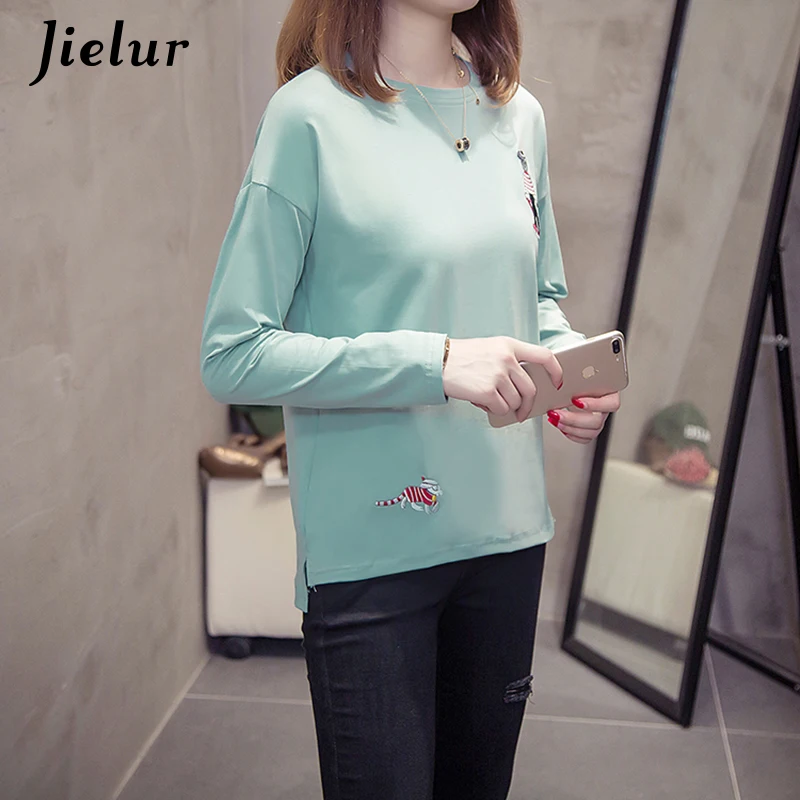 Jielur осень мультфильм вышивка футболка с длинным рукавом для женщин Белый Черный
