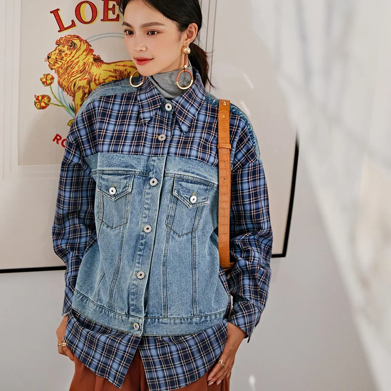 2019 shallgar autumn new dress one undertakes to preach tao lattice spelling a denim jacket | Женская одежда