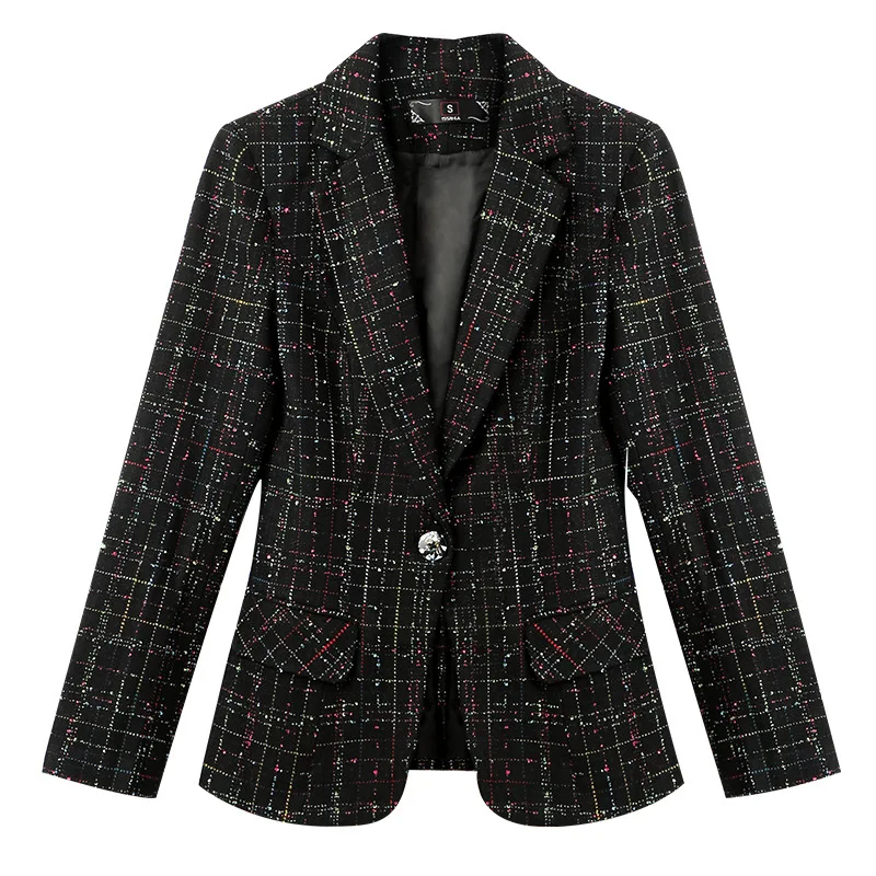 

Plus Size Streetwear Notched Collar Blazer Women Beige Black Elegant Plaid Tweed Jacket Office Ladies Vintage Slim Suits Coat