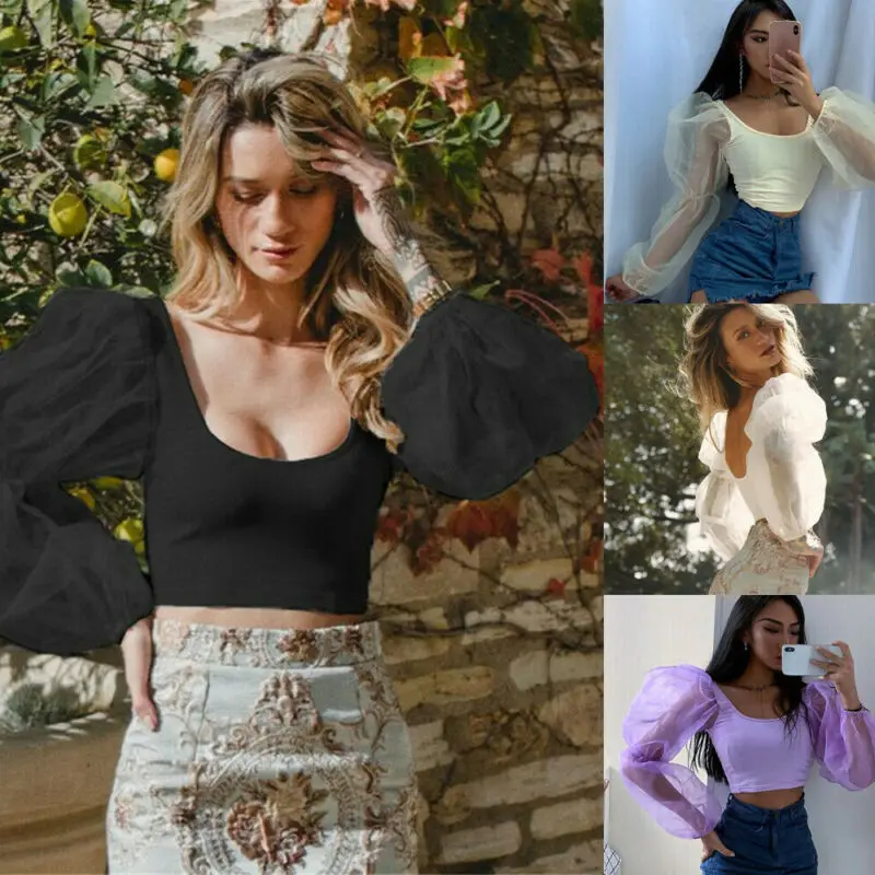 2020 летние женские топы винтажное Сетчатое платье фонарь с длинным рукавом