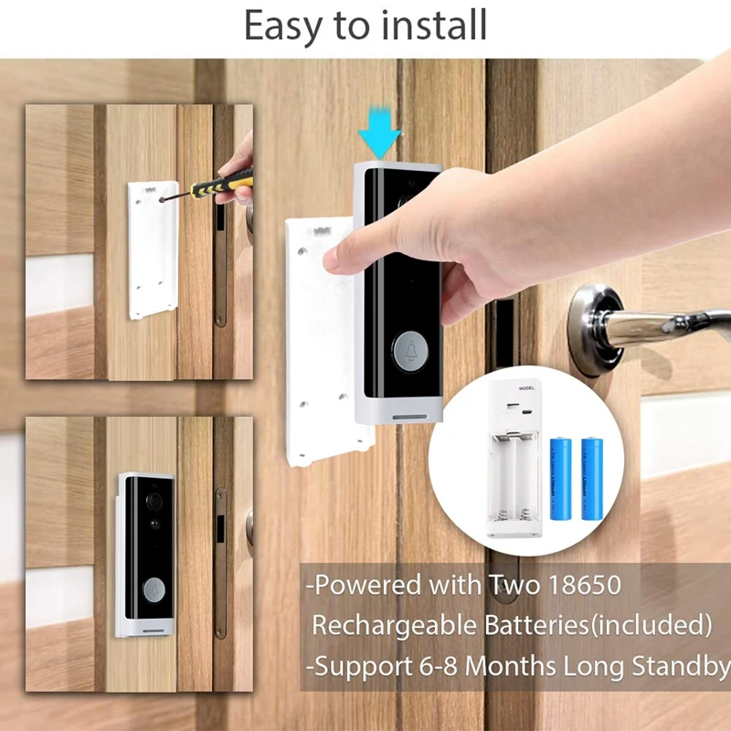 

1080P WiFi Video Doorbell Camera Waterproof PIR Motion Detection Wide Angle Wireless Door Security Battery Camera White
