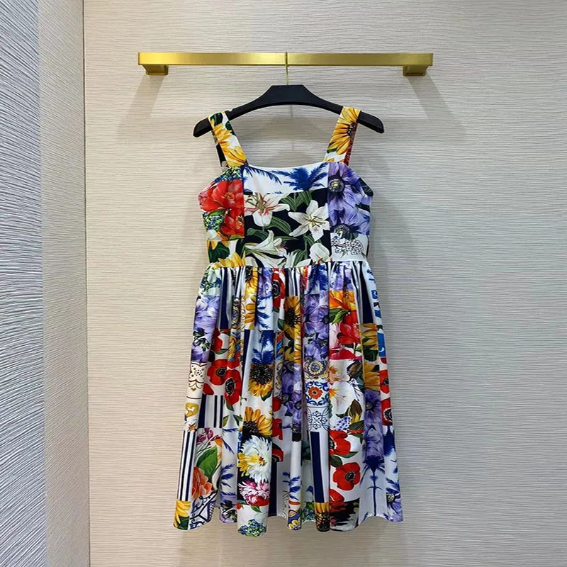 

Fashion Runway Summer Dress 2021 Women Vacation Vestidos Spaghetti Strap Sleeveless Floral Print Midi Dress