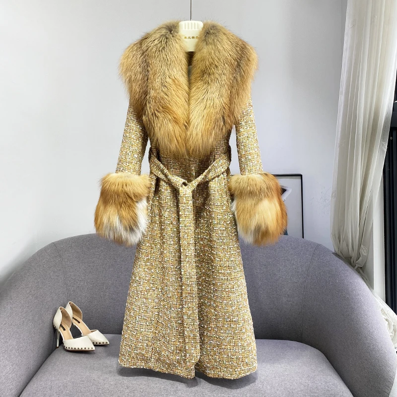 Enlarge Autumn Winter Women's Real Large Fox Fur Collar And Cuffs Long Tweed Woolen Coat Fashion Warm Winter Jacket Women