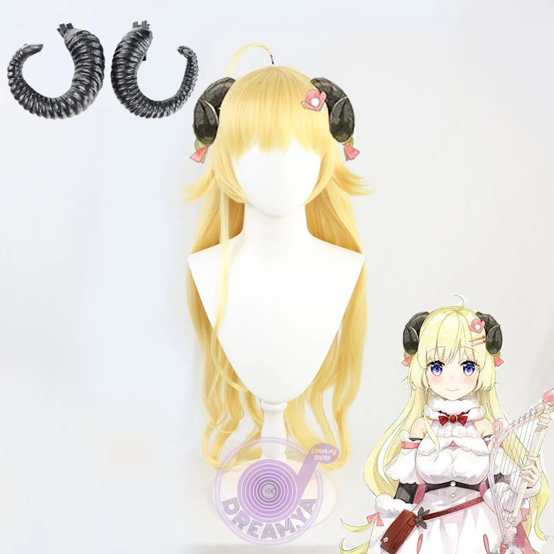 

Tsunomaki Watame Vtuber Youtuber Cosplay Wig Golden Long Synthetic Hair Halloween Party Costume Horn Hairpin Headwear + Wig Cap