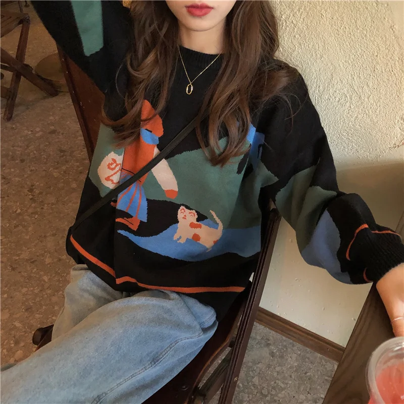 

Осенняя одежда, свитер, новинка 2021, свободная универсальная забавная жаккардовая верхняя одежда в Корейском стиле, пуловер с длинным рукаво...