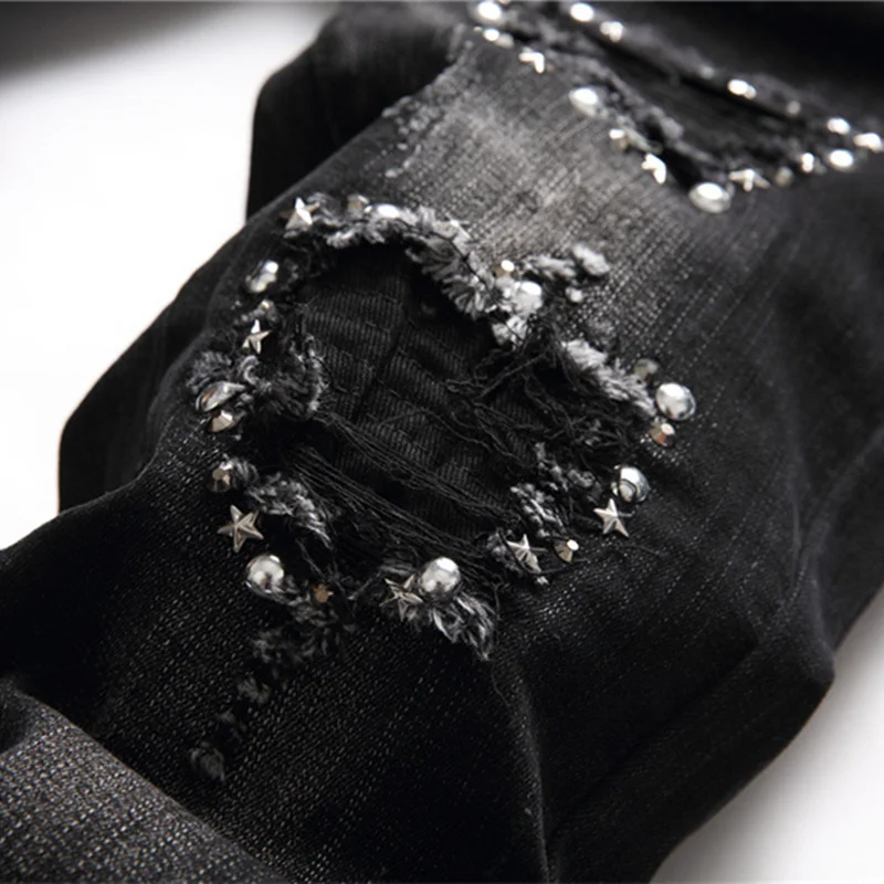 

2021 New European American Style Men's Stretchy Black Jeans Ripped Patch Rivet Small Leg Trousers Fashion Pencil Pants