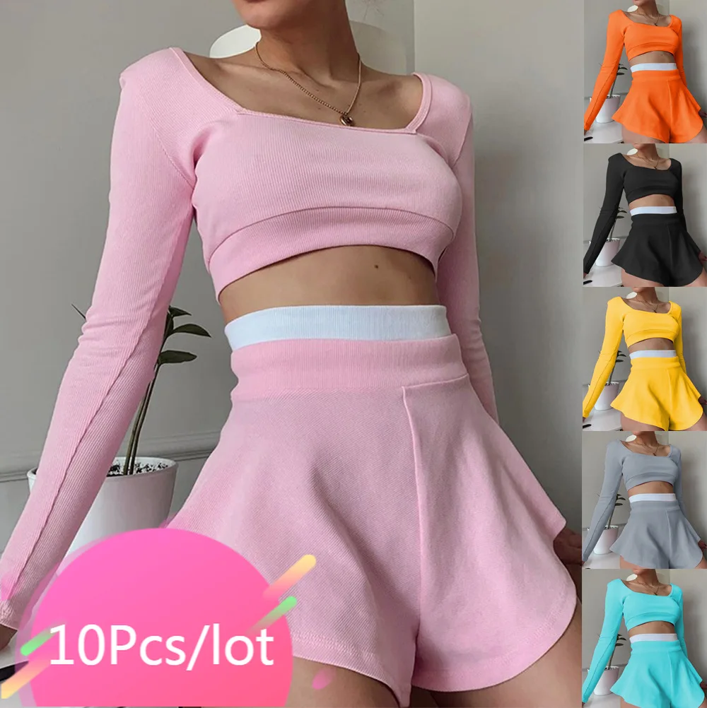 

Wholesale Items Clothing Two Piece Sets Women Solid Long Sleeve Crop Top and Skirt Short Summer Casual Rib Knit Streetwear 2021