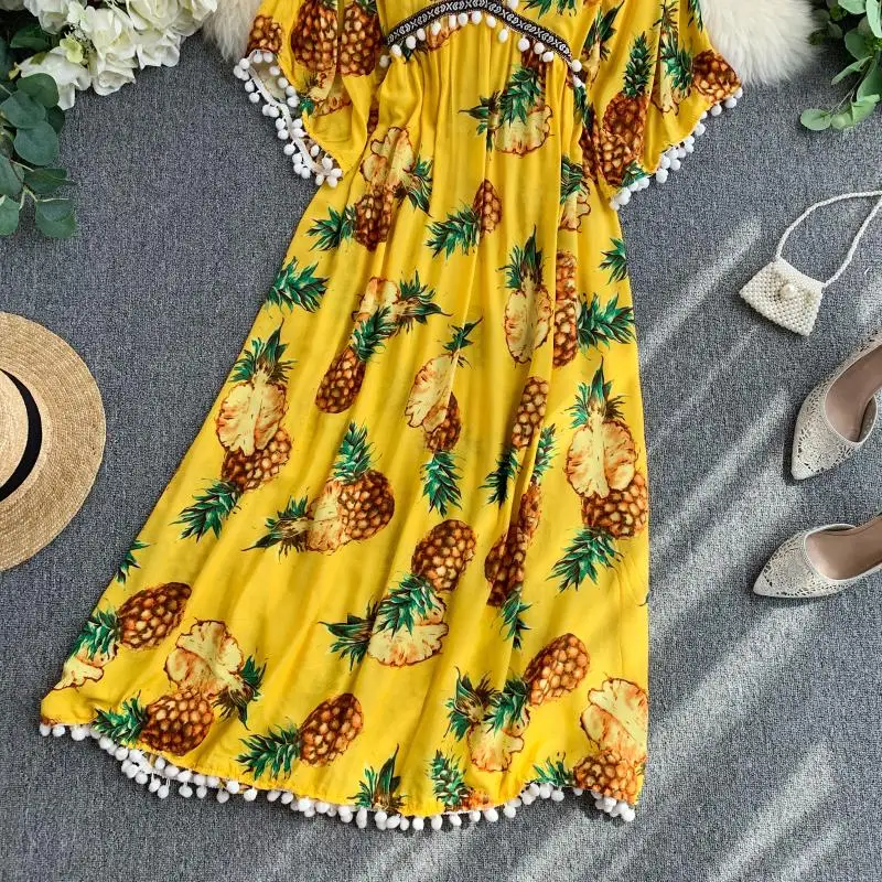 new fashion women's dresses Beach holiday beach feminine V-neck pineapple print decorative dress