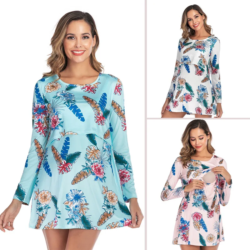 

2021 Summer Maternity Clothes Women Flower O-Neck Long Sleeve Tops Pullover White Dress for Pregnancy Premama Nursing Clothing