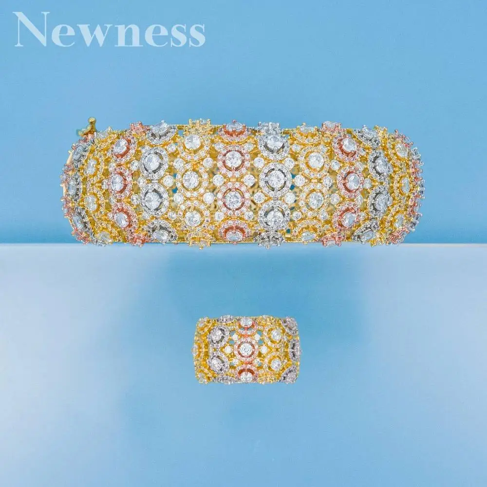 

Newness Delicate Shiny Flowers Unique African Bangle Ring Set Jewelry Sets For Women Wedding Cubic Zircon Crystal CZ