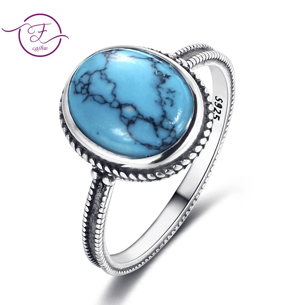 

100% 925 Sterling Silver Ring Oval 8*10MM Natural Turquoise Vintage Ring Female Party Anniversary Gift Wholesale