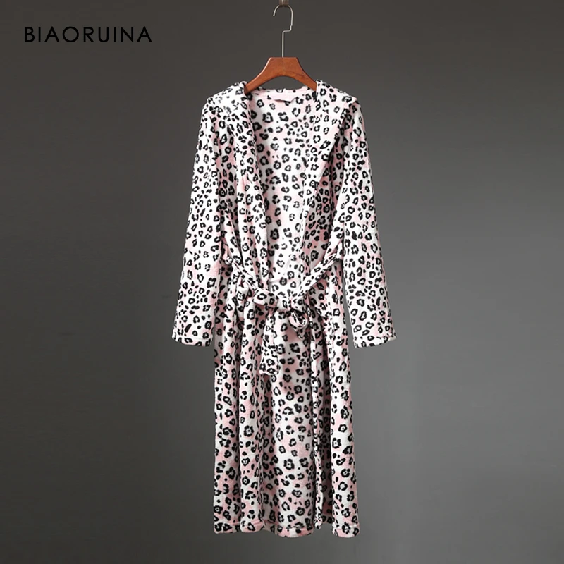 BIAORUINA женский коралловый флис Леопардовый принт зимний халат толстый