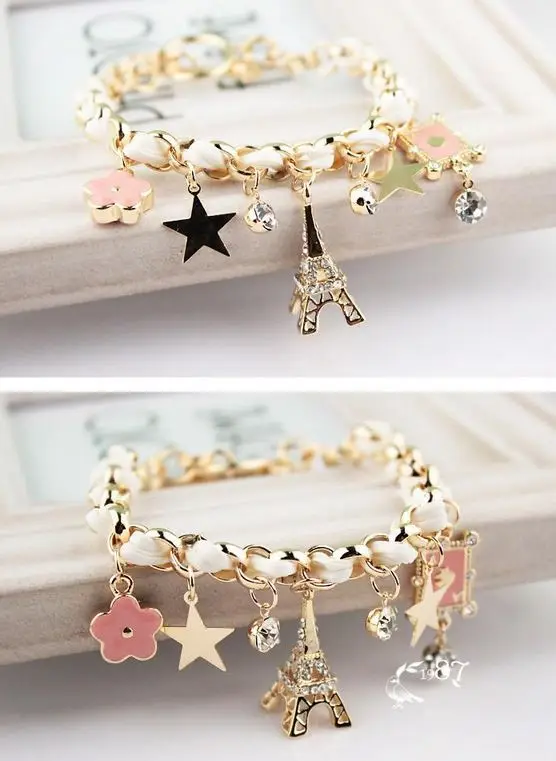 

1 Pcs Women Flowers Stars Hearts Paris Eiffel Tower Crown Poker Cute Bangle Leather Rope Chain Bracelet Good Gift for Girls