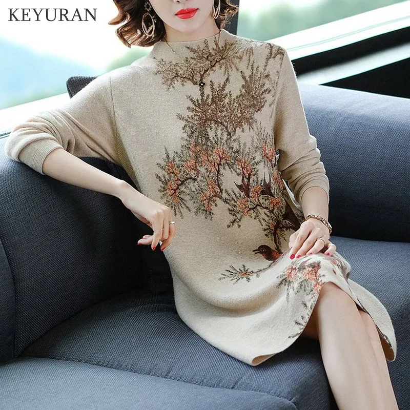 Винтажное осеннее облегающее платье свитер средней длины для женщин с высоким