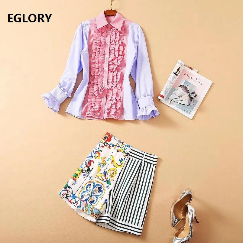 

High Quality Short Sets 2021 Spring Summer Suits Ladies Turn-down Collar Striped Print Tops Shirt+Vintage Print Short Suit Set