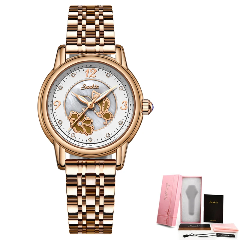 SUNKTA женские часы из нержавеющей стали наручные модные водонепроницаемые простые