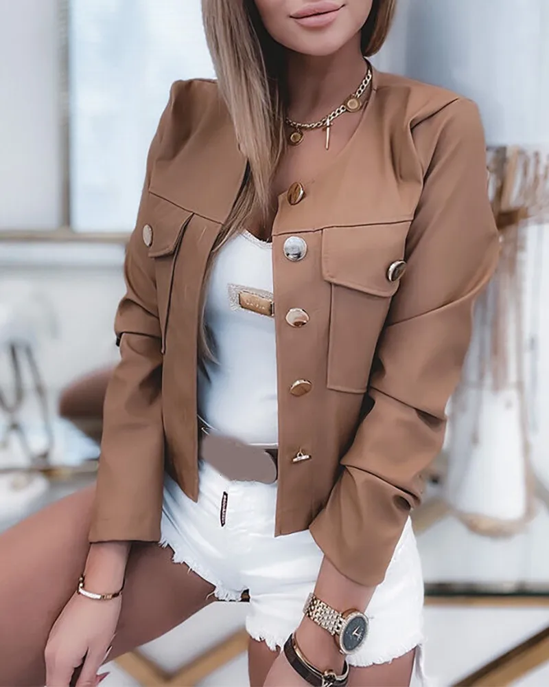 

Women's new solid color button pocket design long-sleeved casual jacket autumn fashion casual short jacket pu leather jacket