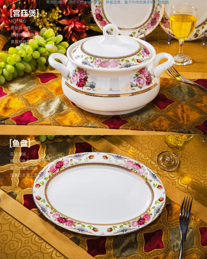 60pcs Flower Style Glazed Jingdezhen Bone China Porcelain Bowl and Dish Plate Set Dinnerware Tableware Set