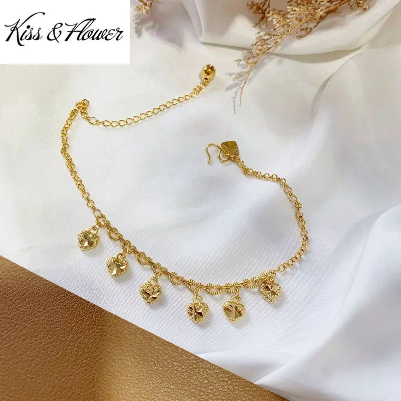 

KISS&FLOWER AK10 Fine Jewelry Wholesale Fashion Hot Woman Girl Bride Mother Birthday Wedding Gift Heart Charm 24KT Gold Anklet
