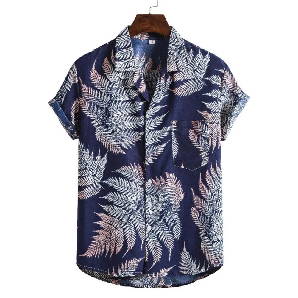 

Beach Hot 2021 Men's T-Shirt Leaf Print Buttons Men Short Sleeve Lapel Top for Vacation
