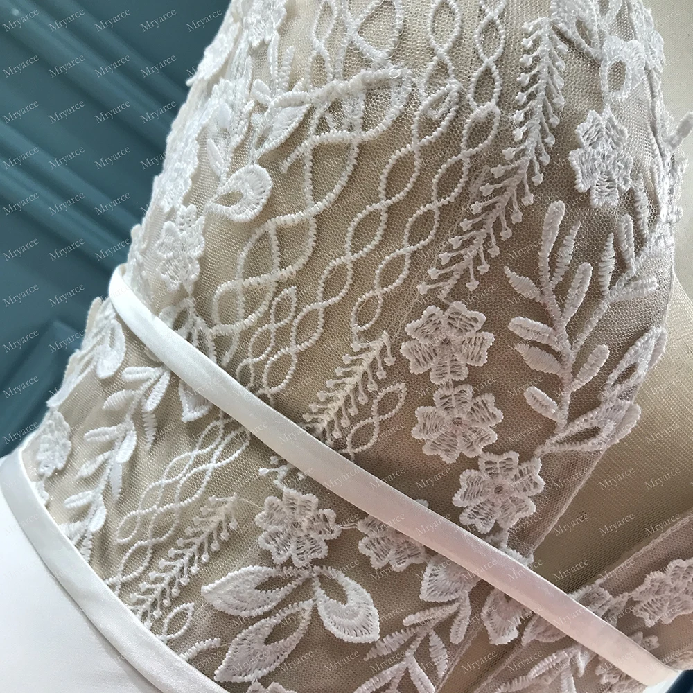 Mryarce Brautkleid mit tiefem Ausschnitt, 3D-Blumenspitze, offener Rücken, Chiffon, A-Linie, rustikale Brautkleider – Detail 3