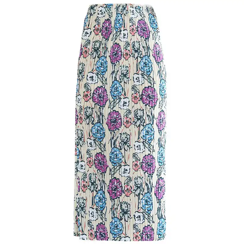 

LANMREM 2021 New Summer High Waist Split Skirt Medium Length Printed Flower Vintage Skirts For Women All Match Elegant 2D6043