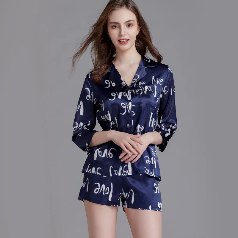 Летние женские пижамные комплекты с принтом рубашка V-образным вырезом и длинным