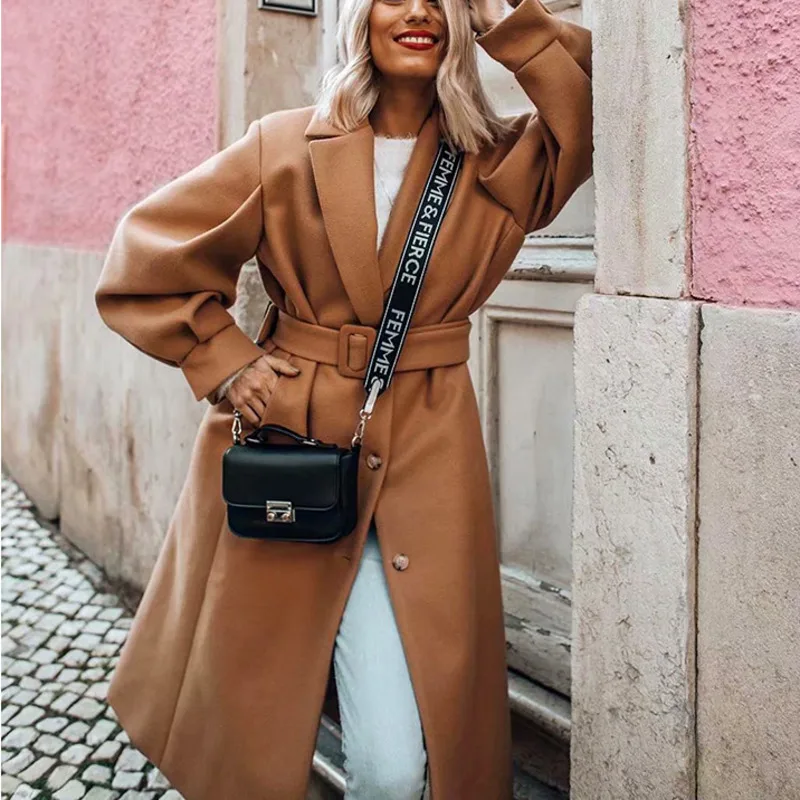 Женское шерстяное пальто средней длины винтажное свободное элегантное