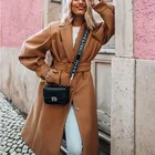 Женское шерстяное пальто средней длины, винтажное свободное элегантное пальто верблюжьего цвета с длинными рукавами-фонариками и поясом, уличная одежда на зиму 2020