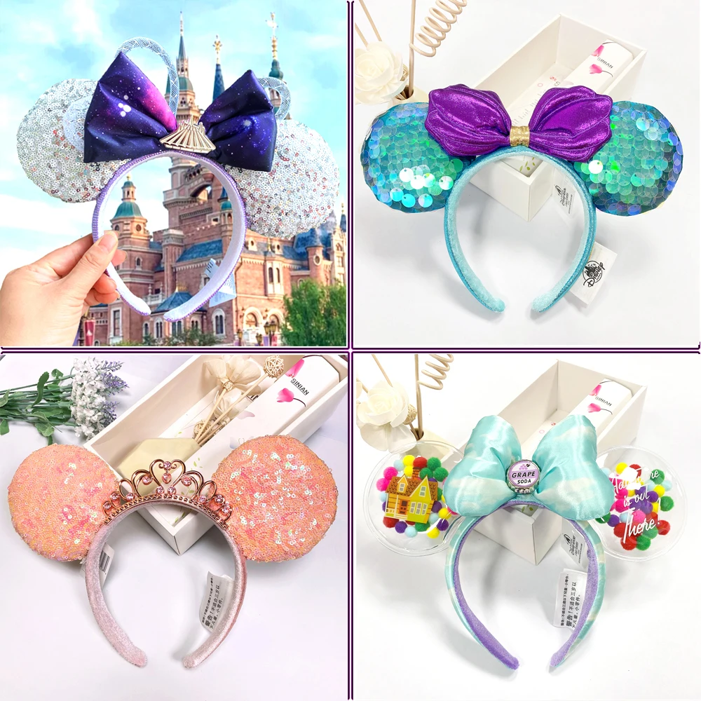 Disney Mickey Minnie Ear Headband Space Mountain headband Big Sequin Bow EARS COSTUME Headband Cosplay Plush Adult Kids Headband