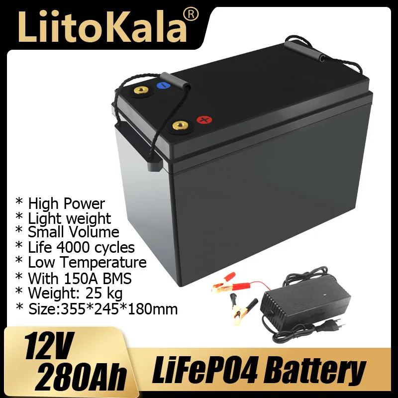 

LiitoKala 12V 280Ah LiFePO4 Battery RV Campers Waterproof Golf Cart Batteries 4000 Cycles Off-Road Off-grid Solar energy 150ABMS