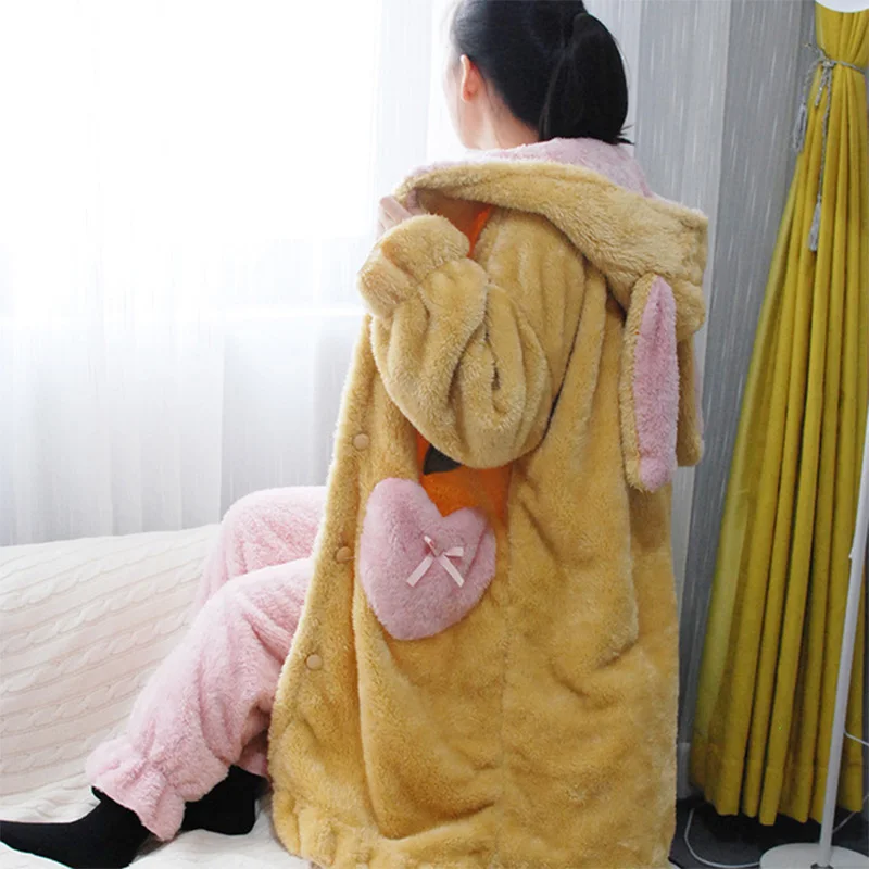 

Winter Warm Flannel Women Robes Pants 2 Pieces Set Kawaii Cartoon Rabbit Female Homewear 2020 Casual Home Clothes Lady Sleepwear