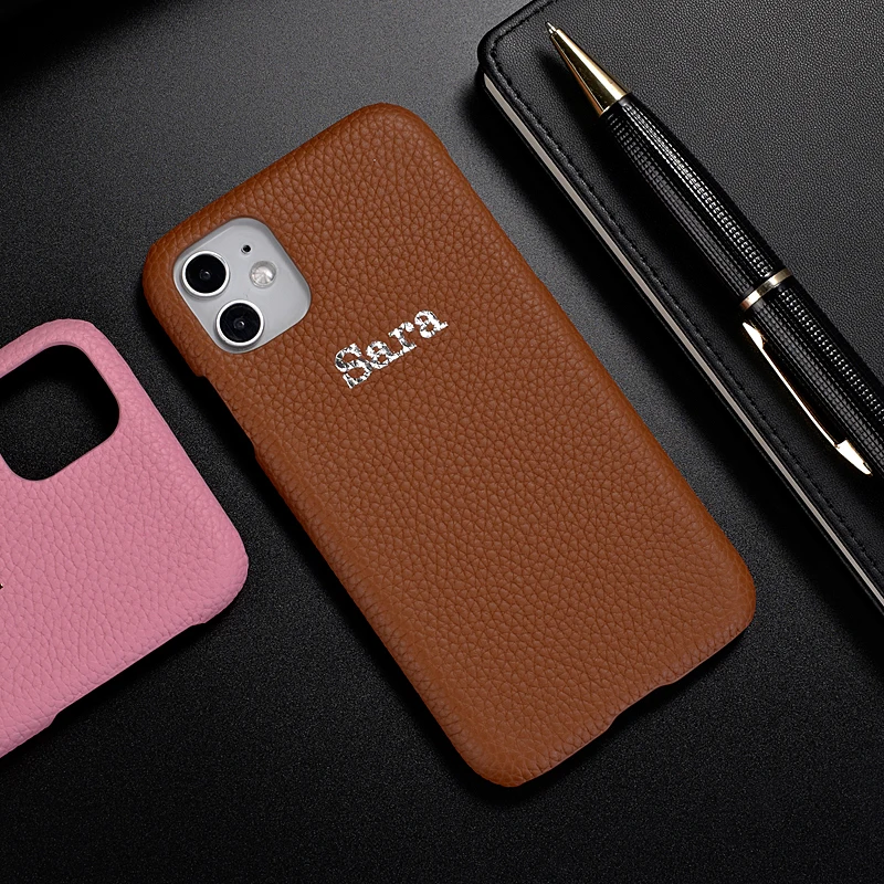 Personalise Custom Pebble Grain Real Leather Gold Initial Name Phone Case For iPhone14 14ProMax 14Plus 13Promax 13  Phone Cover